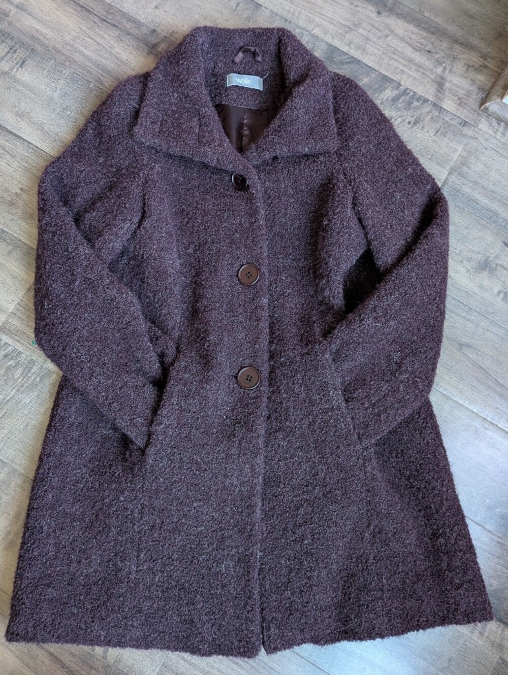 Wallis Plum Purple Wool Mohair Bouclé Coat Small Funnel Neck Button Front